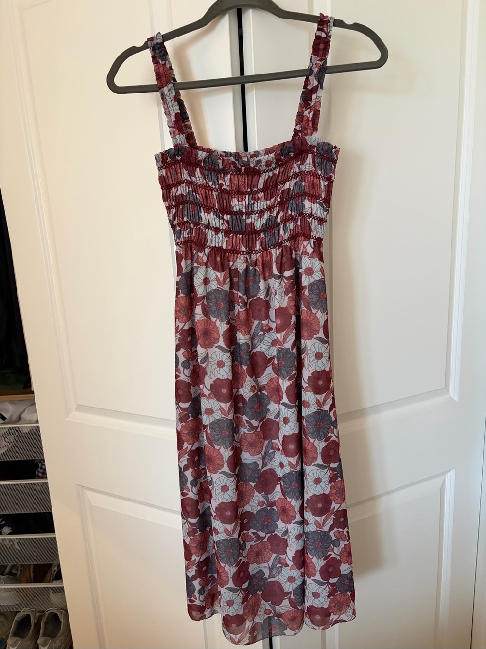 Wilfred Floral Smocked Midi Dress in Burgundy, Gray, and Blue